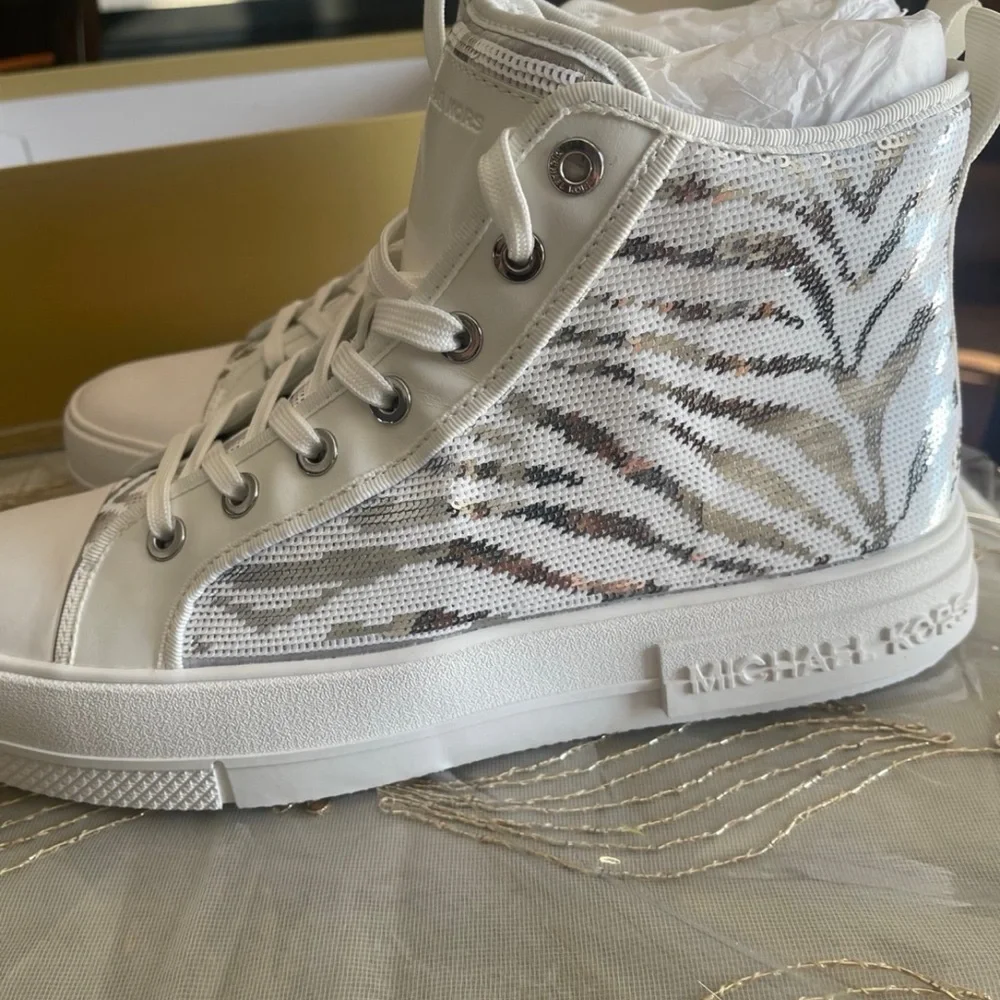 Michael Kors Silver and White High-Top zebra sequin Sneakers size 10